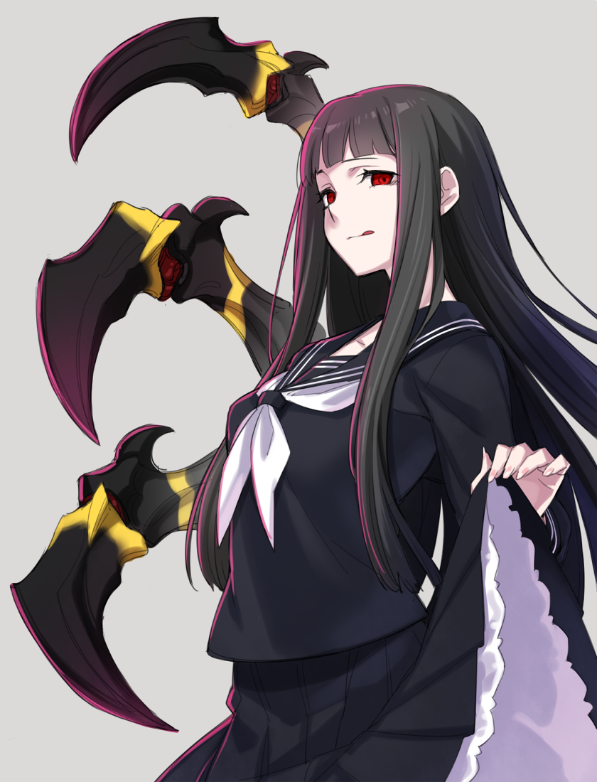 1girl arthropod_limbs atlach-nacha black_hair blood clothes_lift female_focus hime_cut hirasaka_hatsune long_hair pleated_skirt red_eyes samoni_ouka school_uniform serafuku silk skirt skirt_lift solo spider_web tongue tongue_out