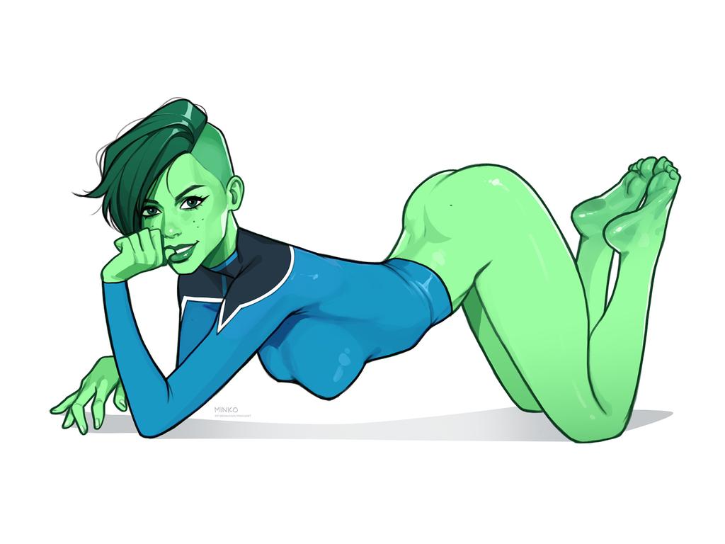 1girl alien artist_name ass barefoot bottomless breasts colored_skin commentary d&#039;vana_tendi english_commentary feet freckles full_body green_eyes green_hair green_skin looking_at_viewer medium_breasts olena_minko paid_reward_available patreon_username short_hair simple_background soles solo star_trek star_trek:_lower_decks starfleet_uniform toes undercut white_background