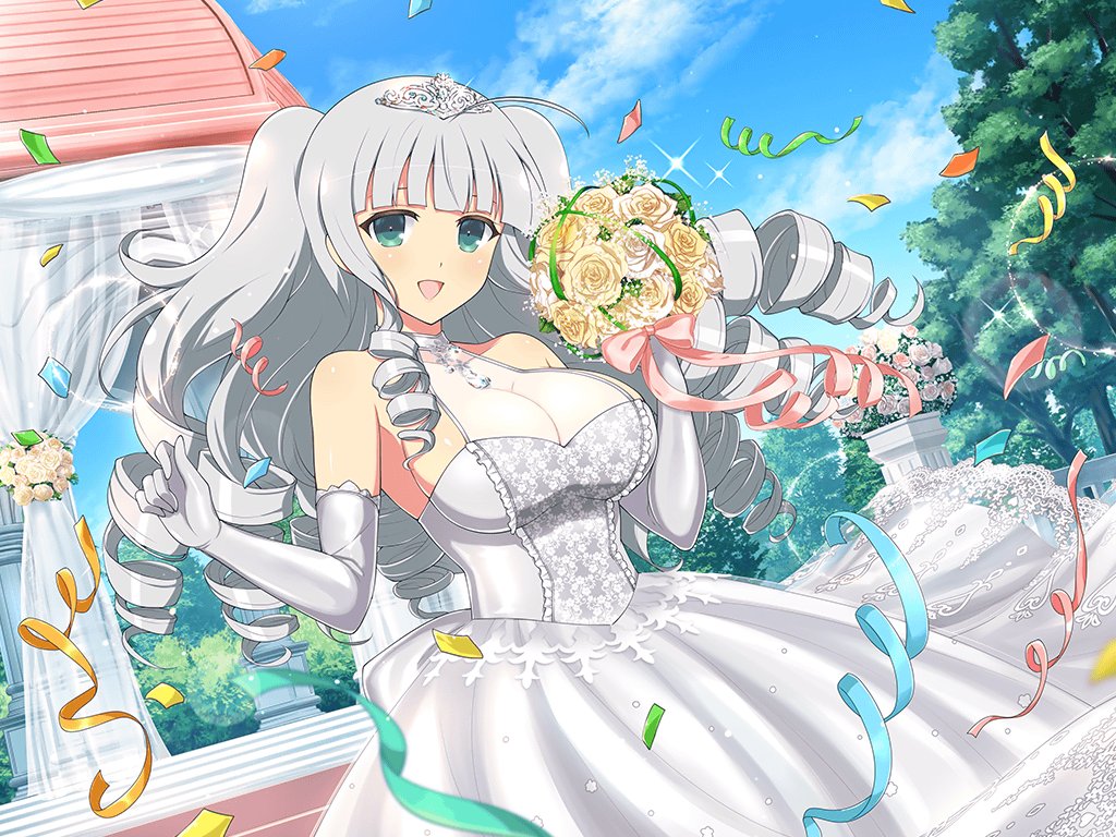 1girl ahoge blue_sky blush bouquet bow branch breasts bride bush cleavage cloud confetti curtains day dress drill_hair elbow_gloves flower frilled_dress frilled_gloves frills gem ginrei_(senran_kagura) gloves green_eyes green_gemstone holding holding_bouquet jewelry lace lace-trimmed_dress lace_trim large_breasts leaf lens_flare light_particles long_hair looking_at_viewer necklace official_art open_mouth outdoors pink_bow red_gemstone rose see-through_cleavage see-through_clothes see-through_curtains senran_kagura senran_kagura_new_link senran_kagura_new_wave shiny_skin sky smile solo sparkle stairs standing streamers tiara tree wedding wedding_dress white_dress white_flower white_gloves white_rose yaegashi_nan yellow_flower yellow_rose