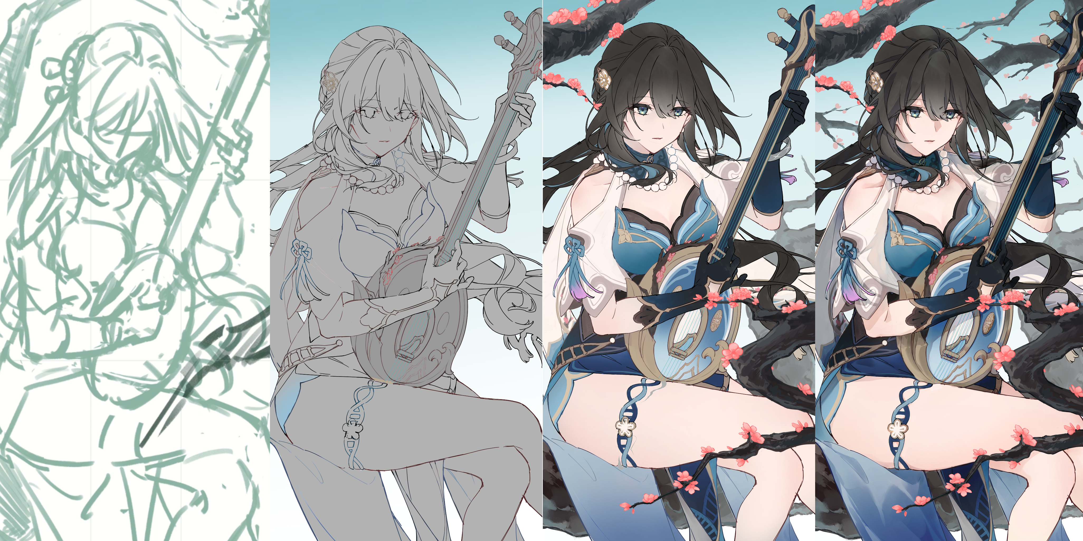1girl absurdres aqua_collar aqua_dress bead_necklace beads black_gloves branch breasts brown_hair cherry_blossoms cleavage clothing_cutout collarbone commentary_request cowboy_shot crossed_legs detached_collar dna dress flower gloves hair_flower hair_intakes hair_ornament highres honkai:_star_rail honkai_(series) instrument jewelry long_hair making-of medium_breasts multicolored_hair music necklace playing_instrument ruan ruan_mei_(honkai:_star_rail) shoulder_cutout sitting solo streaked_hair thigh_strap very_long_hair yama_ta_yomogi