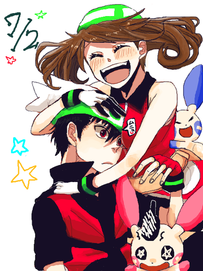 00s 1boy 1girl bandana black_hair blush brendan_(pokemon) brendan_(pokemon_emerald) brown_hair fingerless_gloves gen_3_pokemon gloves haru_urara_(remember) hetero hug may_(pokemon) may_(pokemon_emerald) minun nintendo open_mouth plusle pokemon pokemon_(creature) pokemon_rse smile