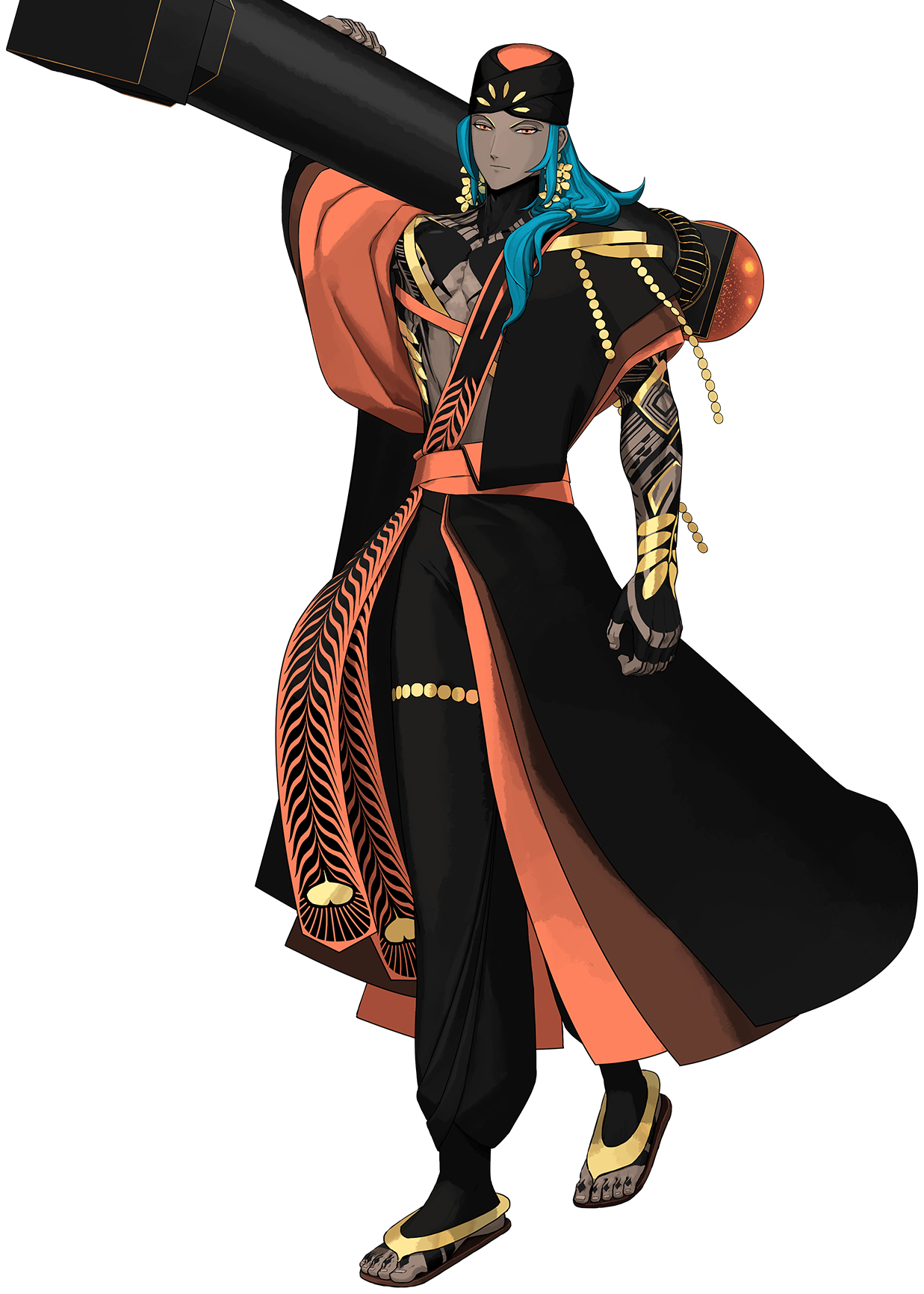 1boy ashoka_(fate) baggy_pants black_pants black_turban blue_hair body_markings dark-skinned_male dark_skin earrings fate/grand_order fate_(series) flower_earrings full_body furumi_showichi game_cg hair_over_shoulder highres holding holding_weapon indian_clothes jewelry long_hair looking_at_viewer male_focus official_art orange_eyes pants second-party_source shoes solo standing tachi-e transparent_background turban weapon