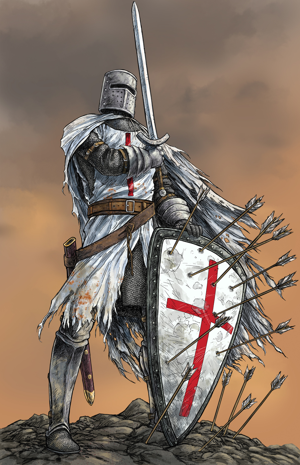 1other ambiguous_gender armor arrow_(projectile) belt belt_buckle boots brettbarkley brown_belt buckle cape chainmail cloud cloudy_sky commentary covered_face cross damaged dirty dirty_clothes english_commentary european_clothes facing_viewer full_armor full_body gauntlets grey_boots grey_headwear grey_helmet grey_sky helmet highres holding holding_sword holding_weapon knight knights_templar latin_cross medieval on_ground on_rock orange_sky original other_focus outdoors planted planted_arrow rock scabbard scratches sheath shield sky solo standing sword tabard torn_cape torn_clothes weapon white_cape white_tabard