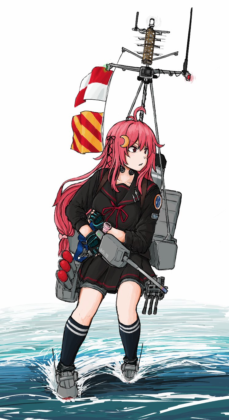 1girl action_camera ahoge antenna_mast black_sailor_collar black_skirt black_socks cannon crescent crescent_hair_ornament full_body gloves hair_ornament highres kantai_collection long_hair mary_janes mast moon_(ornament) pink_hair pleated_skirt red_eyes rigging sailor_collar school_uniform serafuku shoes signal_flag skirt socks solo throat_microphone torpedo torpedo_launcher torpedo_tubes tsukigime uzuki_(kancolle) video_camera watch water wristwatch