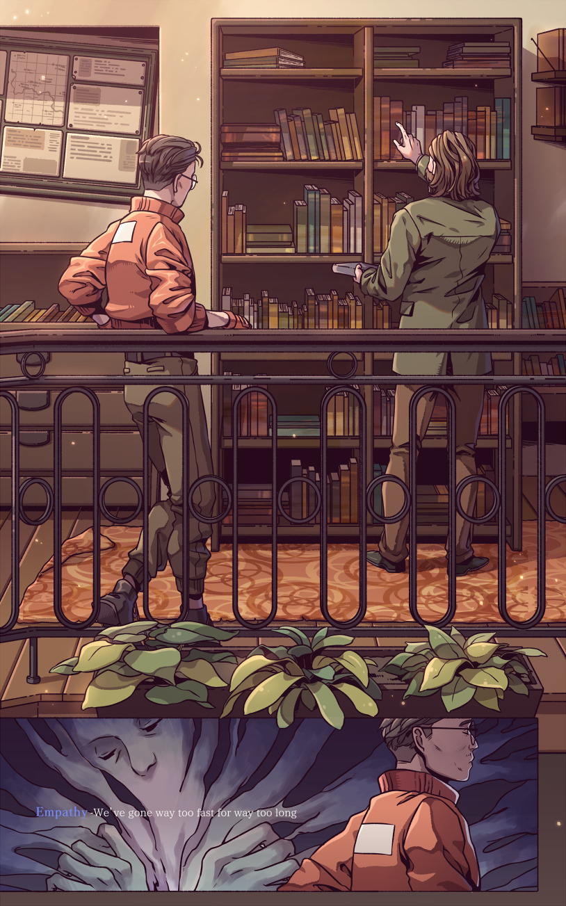2boys belt black_hair blazer bomber_jacket book bookshelf bookstore boots brown_hair bulletin_board chest_of_drawers disco_elysium english_text closed_eyes facial_hair from_behind glasses gloves hair_slicked_back harry_du_bois highres holding holding_book indoors jacket kim_kitsuragi leaning against_railing male_focus map multiple_boys mustache pants plant railing round_eyewear rug shirt shoes shop short_hair standing undercut wenny02