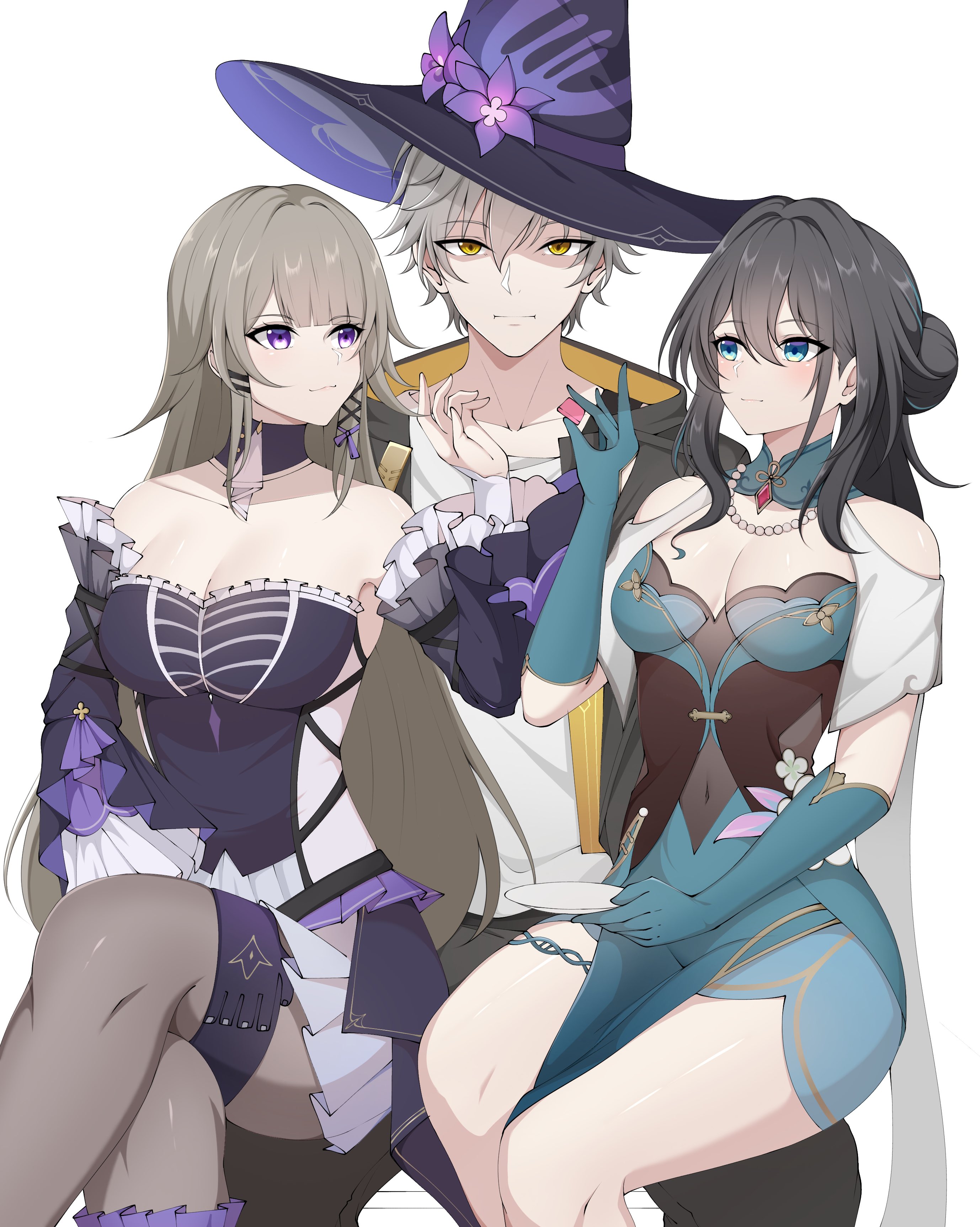 1girl 2girls absurdres aqua_collar aqua_dress aqua_eyes aqua_gloves bead_necklace beads black_hair caelus_(honkai:_star_rail) centauri-d chinese_clothes clothing_cutout dna double_helix dress flower gloves grey_hair hat hat_flower herta_(honkai:_star_rail) highres honkai:_star_rail honkai_(series) jewelry multiple_girls necklace official_alternate_design pearl_necklace purple_eyes purple_flower purple_hat ruan ruan_mei_(honkai:_star_rail) shoulder_cutout the_herta_(honkai:_star_rail) trailblazer_(honkai:_star_rail) witch_hat