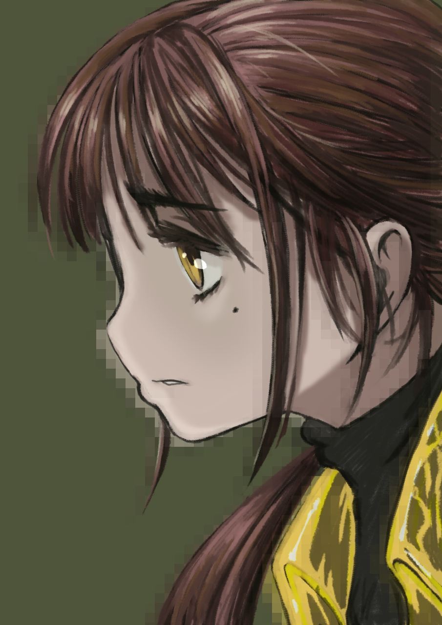 1girl animification beeru_(veil8801) blade_runner_2049 brown_hair furrowed_brow green_background highres joi long_hair mole mole_under_eye parted_lips sideways_mouth simple_background solo upper_body yellow_eyes
