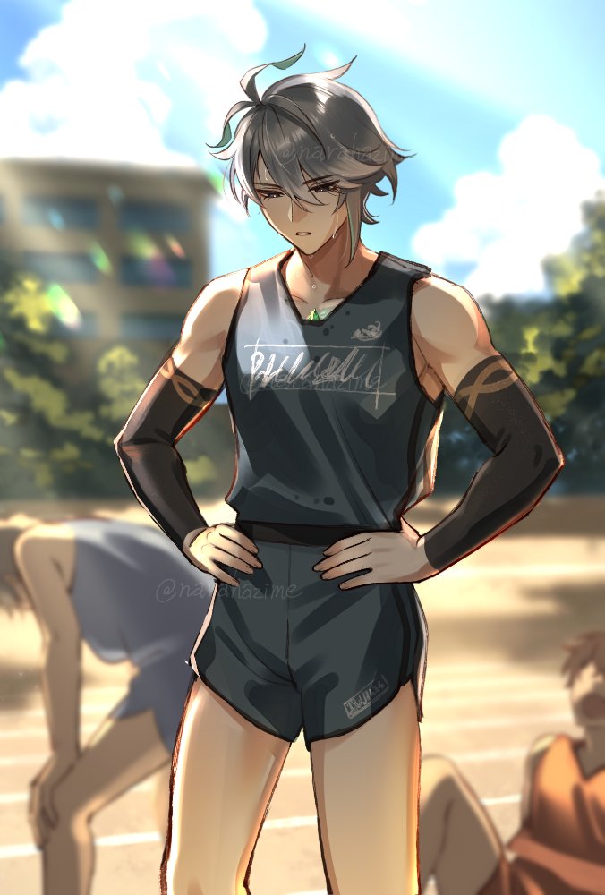 1boy 2others alhaitham_(genshin_impact) black_eyes black_shirt black_shorts black_sleeves genshin_impact grey_hair gym_shorts gym_uniform hair_between_eyes jewelry male_focus multicolored_hair multiple_boys multiple_others narahazime shirt short_hair shorts solo