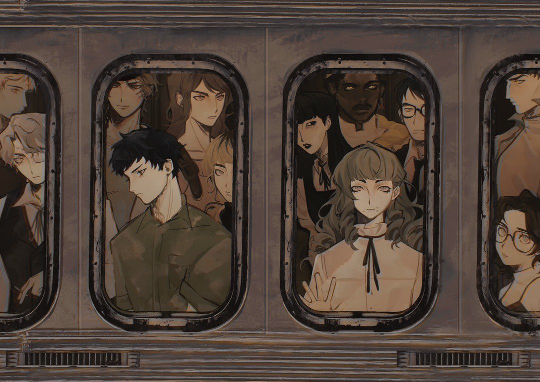 5girls 6+boys abella_(fear_&_hunger) black_dress black_hair black_lips black_necktie black_ribbon black_vest brown_hair closed_mouth collared_shirt commentary daan_(fear_&_hunger) dark-skinned_male dark_skin dress facial_hair fear_&_hunger_(series) fear_&_hunger_2:_termina frilled_shirt_collar frills glasses green_jumpsuit hand_on_window hat henryk_(fear_&_hunger) jumpsuit karin_(fear_&_hunger) levi_(fear_&_hunger) long_hair looking_at_viewer looking_to_the_side marcoh_(fear_&_hunger) marina_(fear_&_hunger) multiple_boys multiple_girls mustache neck_ribbon necktie o'saa_(fear_&_hunger) olivia_(fear_&_hunger) overalls pav_(fear_&_hunger) pinafore_dress red_hair ribbon samarie_(fear_&_hunger) sazhimi shirt short_hair sleeveless sleeveless_dress tanaka_(fear_&_hunger) train vest waistcoat white_shirt yellow_hat yellow_overalls