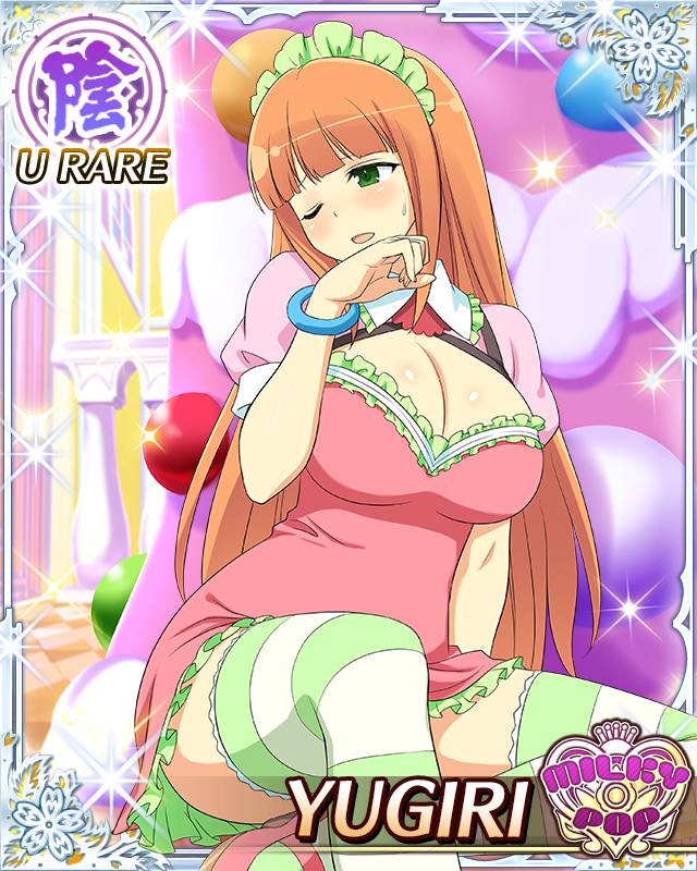 1girl border breasts card_(medium) cleavage cleavage_cutout clothing_cutout dress english_text game_cg green_eyes green_headdress green_thighhighs hime_cut large_breasts looking_at_viewer looking_back maid_headdress non-web_source official_alternate_costume official_art one_eye_closed open_mouth orange_hair oversized_food oversized_object pink_dress senran_kagura senran_kagura_new_wave sitting smile solo striped_clothes striped_thighhighs sweatdrop thighhighs yugiri_(senran_kagura)