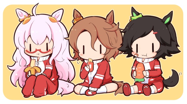 3girls :i :t ahoge animal_ears banana biwa_hayahide_(umamusume) black_hair blush_stickers bnw_(umamusume) border brown_hair carrot chibi closed_mouth eating food food_request fruit glasses gomashio_(goma_feet) grey_hair gym_shorts hair_between_eyes hair_ornament hairclip holding holding_food horse_ears horse_girl horse_tail horseshoe jacket kneehighs knees_up long_hair multiple_girls narita_taishin_(umamusume) pants red-framed_eyewear red_footwear red_jacket red_pants red_shorts semi-rimless_eyewear shoe_soles shoes shorts sitting socks swept_bangs tail track_jacket track_pants track_suit umamusume under-rim_eyewear very_long_hair wavy_mouth white_border white_socks winning_ticket_(umamusume) yellow_background |_|