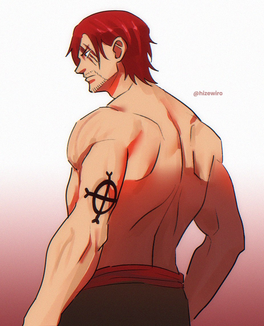 1boy arm_tattoo back back_muscles facial_hair male_focus muscular mustache one_piece red_hair scar shanks_(one_piece) tattoo toned toned_male topless_male wize_(hizewiro)