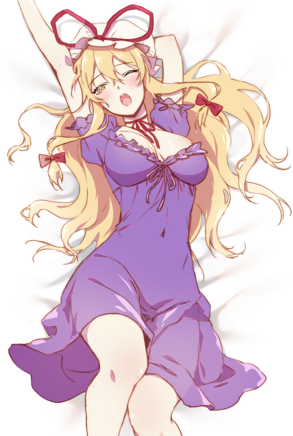 1girl bed_sheet blonde_hair blush breasts choker cleavage covered_navel hair_between_eyes hair_ribbon hat highres kirisita large_breasts long_hair lying mob_cap nightgown on_back purple_nightgown ribbon ribbon_choker short_hair solo stretching touhou yakumo_yukari yawning yellow_eyes