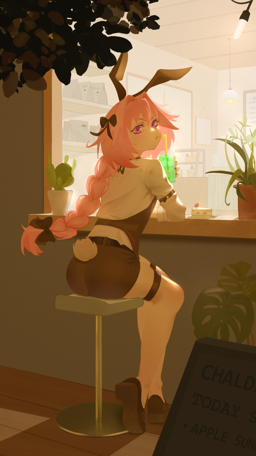 1boy alternate_costume animal_ears ass astolfo_(fate) black_bow bow braid cactus cafe cake closed_mouth crossed_legs drinking drinking_straw drinking_straw_in_mouth eyelashes facing_away fate/apocrypha fate/grand_order fate_(series) food hair_bow hair_intakes highres just_we looking_at_viewer male_playboy_bunny menu_board overhead_lights pink_eyes pink_hair plant potted_plant rabbit_ears rabbit_tail shorts single_braid sitting strawberry_cake tail trap