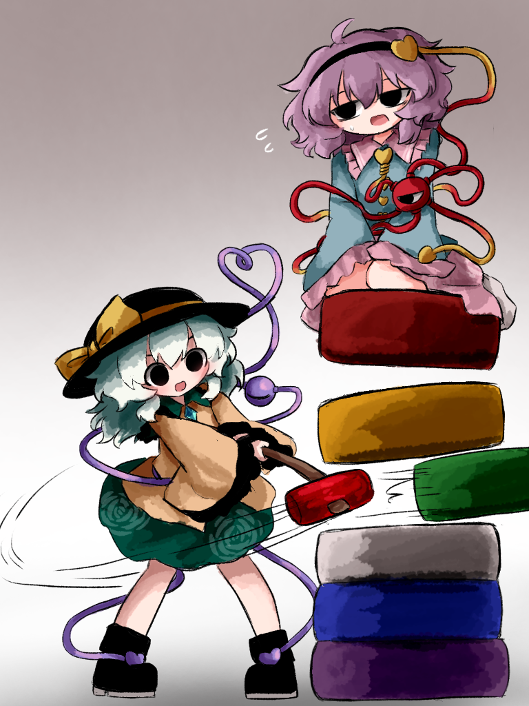 2girls ankle_boots black_boots black_eyes black_hairband black_hat blue_shirt boots buttons commentary_request daruma_otoshi diamond_button eyeball floral_print flying_sweatdrops frilled_shirt_collar frilled_sleeves frills full_body green_hair green_skirt grey_background hair_ornament hairband hammer hat hat_ribbon heart heart_button heart_hair_ornament heart_of_string heripantomorrow komeiji_koishi komeiji_satori medium_hair multiple_girls pink_hair pink_skirt ribbon rose_print shirt siblings sisters sitting skirt third_eye touhou wide_sleeves yellow_ribbon yellow_shirt yokozuwari