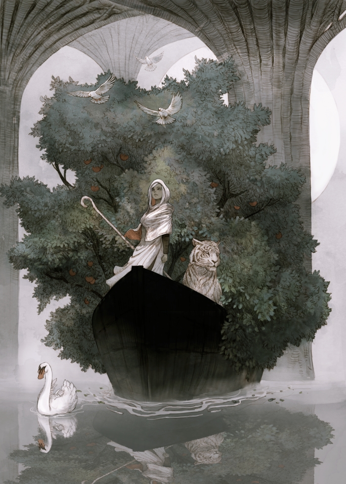 1girl animal bird boat breasts clenched_hand dark_skin dove dress duplicate hood large_breasts original pixel-perfect_duplicate reflection reflective_water staff swan tahra tiger tree watercraft white_dress