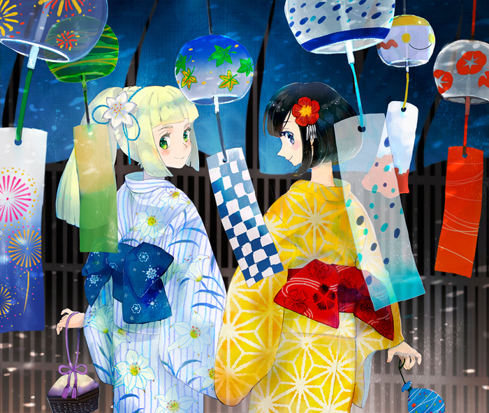 2girls black_hair blonde_hair blue_ribbon blush chimecho closed_mouth commentary english_commentary floral_print flower game_freak gen_3_pokemon hair_flower hair_ornament holding horocca japanese_clothes kimono lillie_(pokemon) long_hair looking_at_viewer looking_back multiple_girls nintendo pokemon pokemon_(creature) pokemon_sm ponytail red_ribbon ribbon selene_(pokemon) short_hair smile water_balloon wind_chime yukata