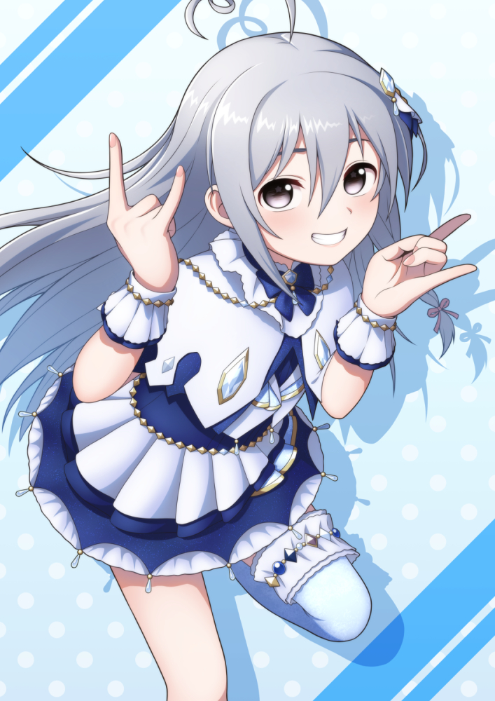 1girl ahoge blue_background blush braid dotted_background dress foot_out_of_frame grey_eyes grey_hair hair_between_eyes hair_ornament hoshi_syoko idolmaster idolmaster_cinderella_girls leg_up long_hair looking_at_viewer short_sleeves side_braid single_thighhigh smile solo taba_neruko teeth thighhighs two-tone_dress wrist_cuffs