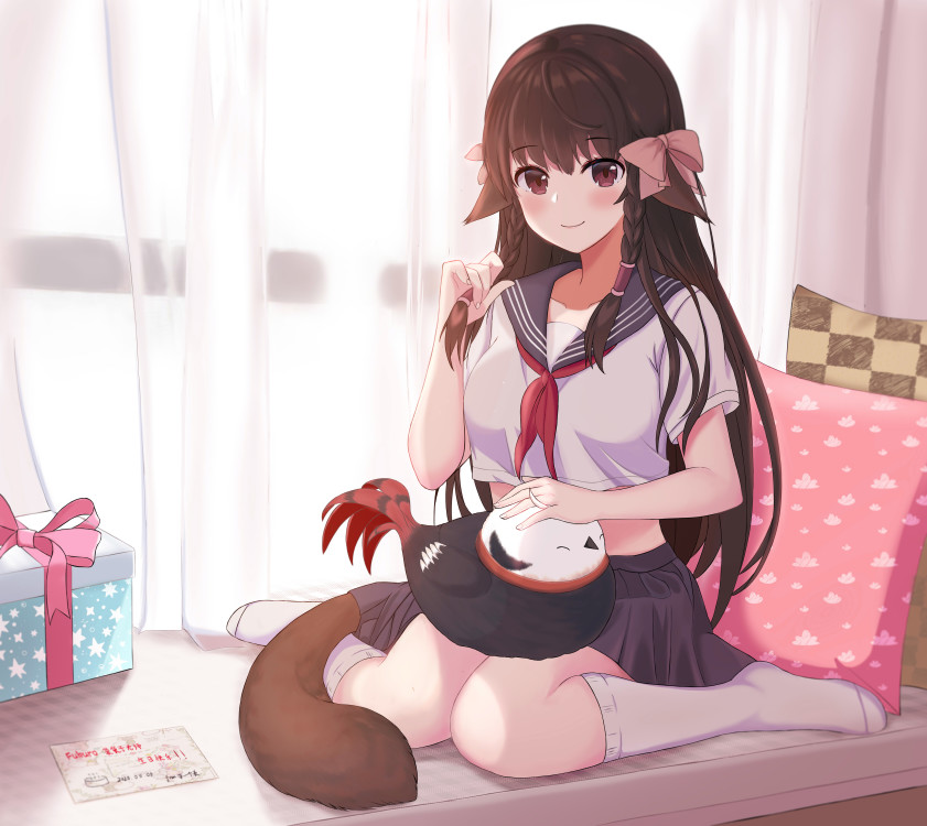 1girl animal_ears aquaplus bed bird bird_on_lap braid breasts brown_hair curtains female_focus full_body hair_ribbon headpat indoors long_hair looking_at_viewer medium_breasts on_bed pillow red_eyes ribbon rulutieh school_uniform sitting skirt socks solo squirrel_tail tail utawarerumono utawarerumono:_itsuwari_no_kamen very_long_hair