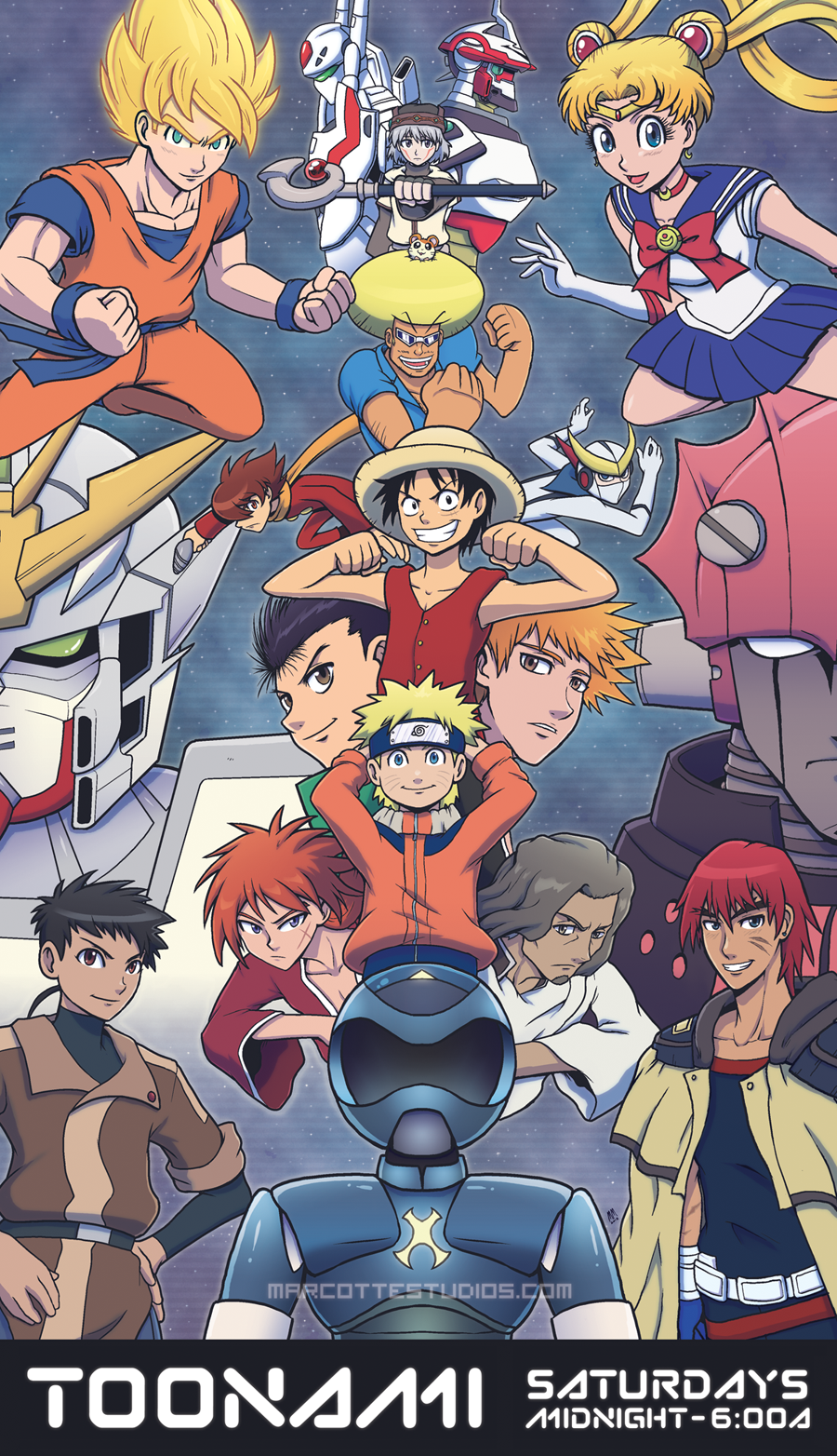 .hack// .hack//sign 1girl 1other 6+boys arms_behind_head belt big_o_(mecha) bishoujo_senshi_sailor_moon black_eyes black_hair bleach blonde_hair blue_background blue_eyes bobobo-bo_bo-bobo bobobo-bo_bo-bobo_(character) brown_eyes brown_hair casshern casshern_(series) casshern_sins choujikuu_yousai_macross clenched_hands closed_mouth commentary covered_navel crossover cyborg_009 dark-skinned_male dark_skin dragon_ball dragonball_z dress english_commentary english_text eureka_seven_(series) facial_mark flexing frown gene_starwind grey_eyes grey_hair group_picture gundam gundam_wing hamtaro hamtaro_(series) hands_on_own_hips highres himura_kenshin holding holding_staff holding_weapon jacket kurosaki_ichigo long_hair looking_at_viewer looking_back macross marcotte masaki_tenchi mecha monkey_d._luffy multiple_boys multiple_crossover naruto_(series) nirvash one_piece open_mouth orange_fur orange_hair outlaw_star pink_sailor_collar poster_(medium) red_hair robot robotech rurouni_kenshin sailor sailor_collar sailor_dress samurai_7 scar scar_on_face scarf shimada_kanbei shimamura_joe signature smile smirk son_goku spiked_hair staff studio_pierrot sunglasses super_saiyan teeth tenchi_muyou! the_big_o toei_animation tom_(toonami) toonami toonami_operations_module tsukasa_(.hack//) tsukino_usagi twintails urameshi_yusuke uzumaki_naruto vf-1 weapon whisker_markings wing_gundam_zero yellow_scarf yuu_yuu_hakusho