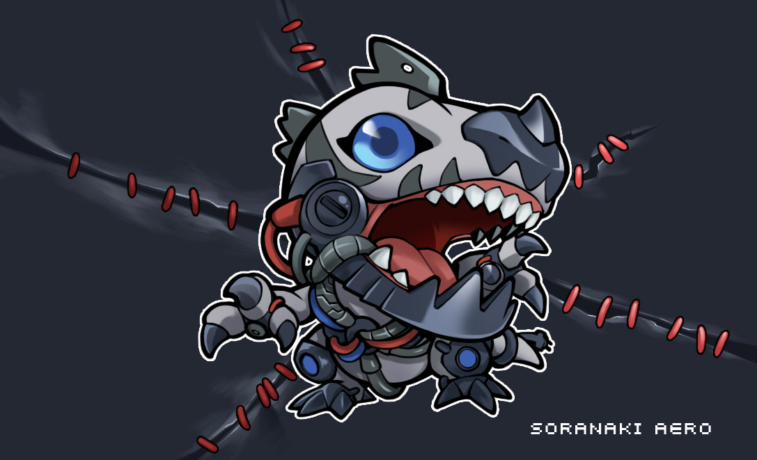 blue_eyes claws digimon digimon_(creature) metaltyranomon open_mouth sharp_teeth solo tail teeth