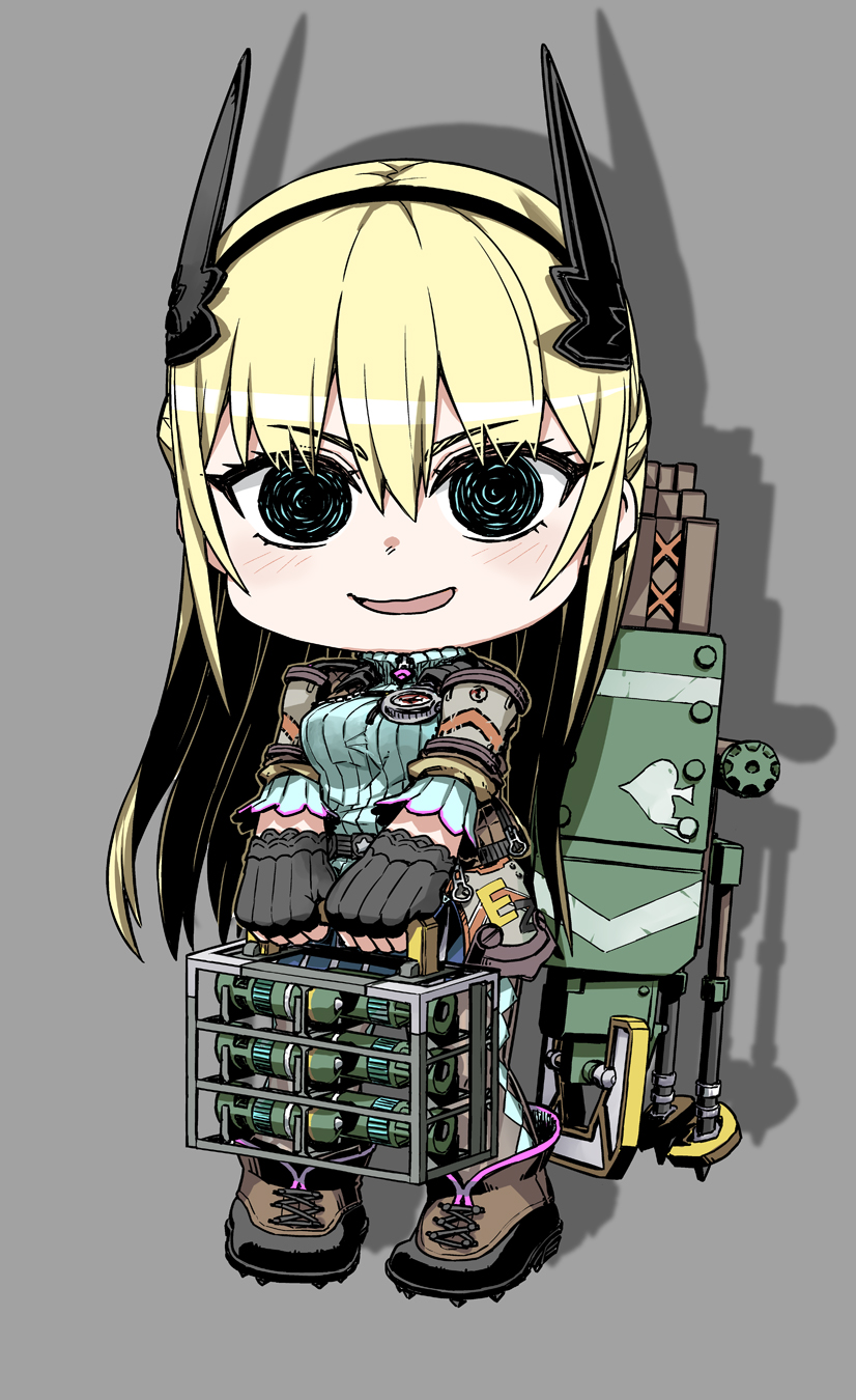 1girl abua ammunition ankle_boots argyle_clothes argyle_pantyhose black_gloves black_hairband blonde_hair blue_skirt blush boots breasts brown_boots brown_jacket chibi compass drop_shadow fingerless_gloves full_body gloves green_eyes green_sweater grey_background grey_pantyhose hair_between_eyes hairband highres holding jacket long_hair long_sleeves looking_at_viewer medium_breasts mortar_shell open_clothes open_jacket open_mouth pantyhose reiley_miller ribbed_sweater senjou_no_valkyria_(series) senjou_no_valkyria_4 simple_background skirt smile solo spade_(shape) standing sweater turtleneck turtleneck_sweater