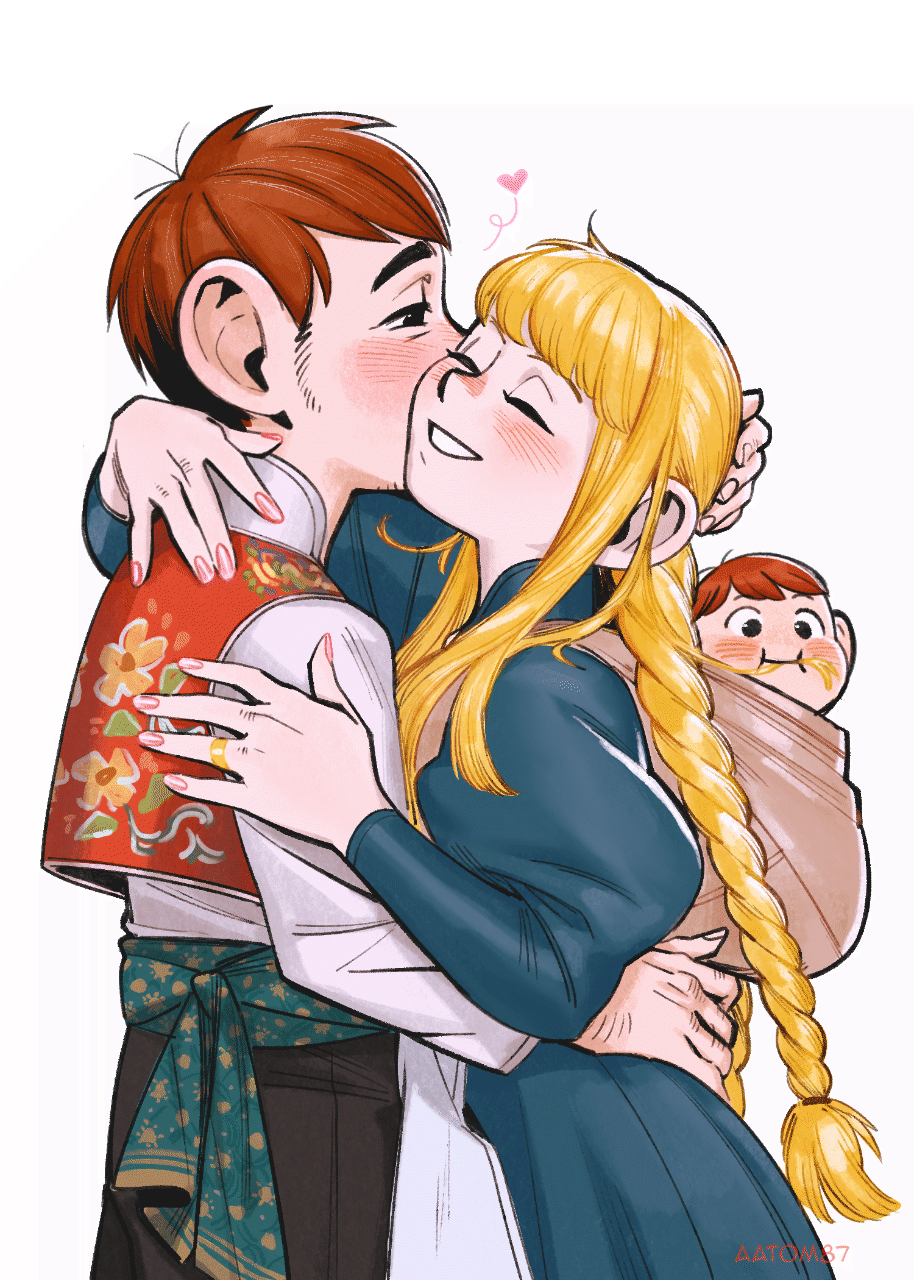 1girl 2boys :i aatom87 baby black_eyes blonde_hair blue_dress braid brown_hair chilchuck_tims closed_eyes commentary dress dungeon_meshi eating_hair english_commentary hand_hair heart highres hug husband_and_wife if_they_mated jewelry juliet_sleeves kiss kissing_cheek long_dress long_sleeves low_twin_braids marcille_donato marcille_donato_(half-foot) multiple_boys parent_and_child puffy_sleeves ring sideburns twin_braids wedding_ring
