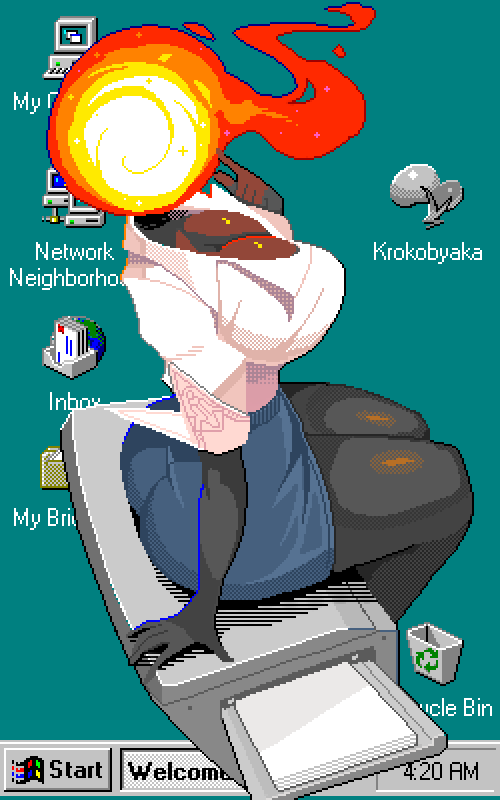 1girl artist_logo artist_name black_skin blue_skirt breasts cleavage collared_shirt colored_skin commentary desktop_(computing) english_commentary fire krokobyaka large_breasts logo microsoft_windows original pencil_skirt pixel_art printer shirt sitting skirt solo white_shirt windows_98 windows_classic