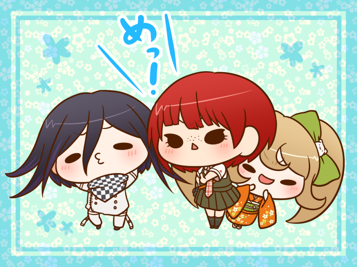 1boy 2girls arm_belt arms_behind_head belt belt_buckle black_eyes black_footwear black_scarf black_socks blonde_hair blue_background blue_border blunt_bangs border bow brown_footwear buckle buttons camera cat_hair_ornament checkered_clothes checkered_scarf chibi commentary_request danganronpa_(series) danganronpa_2:_goodbye_despair danganronpa_v3:_killing_harmony double-breasted eyelashes floral_background floral_print green_bow green_sash green_skirt green_vest hair_between_eyes hair_bow hair_ornament hand_on_own_hip hands_on_own_chin jacket japanese_clothes kimono kneehighs koizumi_mahiru laughing lecturing light_blush long_hair long_sleeves miniskirt multicolored_buttons multiple_belts multiple_girls necktie o3o obi oma_kokichi open_belt orange_kimono outstretched_arm pale_skin pants plaid_clothes plaid_necktie pleated_skirt pointing pointing_up purple_hair red_hair red_necktie ribbon saionji_hiyoko sandals sash scarf shirt shoes short_hair short_sleeves simple_background skirt skirt_set socks solid_oval_eyes thigh_belt thigh_strap triangle_mouth twintails two-tone_scarf unmoving_pattern v-shaped_eyebrows vest waist_ribbon white_belt white_jacket white_pants white_ribbon white_scarf white_shirt wide_sleeves yukata yumaru_(marumarumaru)