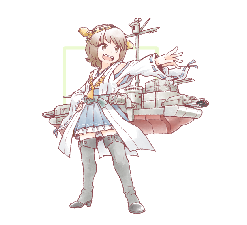 1girl boots brown_eyes brown_hair cannon cosplay detached_sleeves full_body hairband hakama hakama_short_skirt hakama_skirt headgear japanese_clothes kantai_collection kongou_(kancolle) kongou_(kancolle)_(cosplay) mast miyuki_(kancolle) nontraditional_miko ribbon-trimmed_sleeves ribbon_trim rigging ship_turret short_hair skirt solo standing thigh_boots torpedo torpedo_launcher wide_sleeves yagi_mutsuki