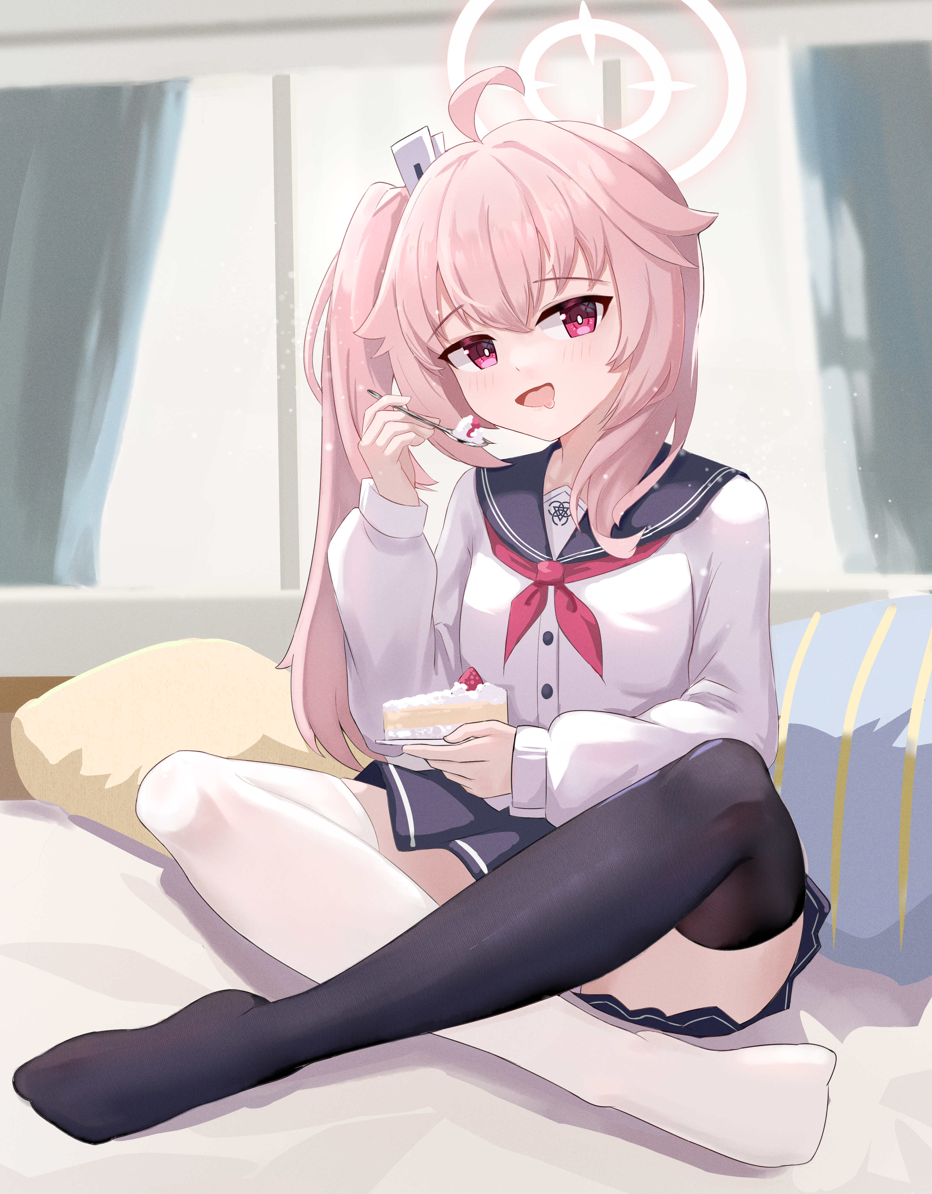 1girl :d absurdres ahoge asymmetrical_legwear black_sailor_collar black_skirt black_thighhighs blue_archive blush bright_pupils cake cake_slice cardigan chinese_commentary commentary convenient_leg drooling eating fine_fabric_emphasis food fruit full_body hair_between_eyes halo hand_up happy highres holding holding_spoon indian_style indoors long_hair long_sleeves looking_at_viewer miniskirt mismatched_legwear mixian mouth_drool natsu_(blue_archive) neckerchief no_shoes on_bed open_mouth pink_hair pink_halo pleated_skirt red_eyes red_neckerchief sailor_collar school_uniform serafuku side_ponytail sidelocks sitting skirt smile solo spoon strawberry thighhighs white_cardigan white_pupils white_thighhighs zettai_ryouiki