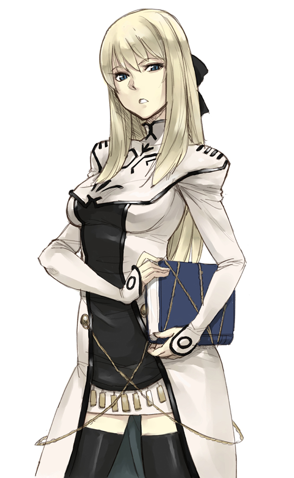 1girl black_legwear blonde_hair blue_eyes book chain cyrille_(shining_force_exa) dress gus_(clarkii) long_hair long_sleeves project_x_zone sega shining_(series) shining_force_exa white_dress
