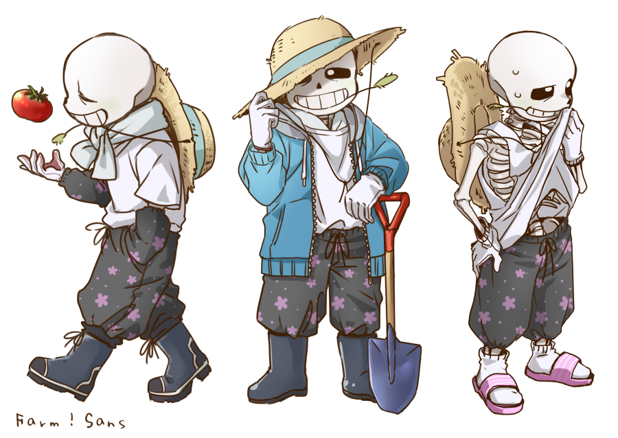 1boy ahin_vpv alternate_costume black_sclera blue_jacket colored_sclera full_body gloves grin hat hood hoodie jacket male_focus multiple_views sans_(undertale) shovel simple_background skeleton smile straw_hat teeth undertale white_background