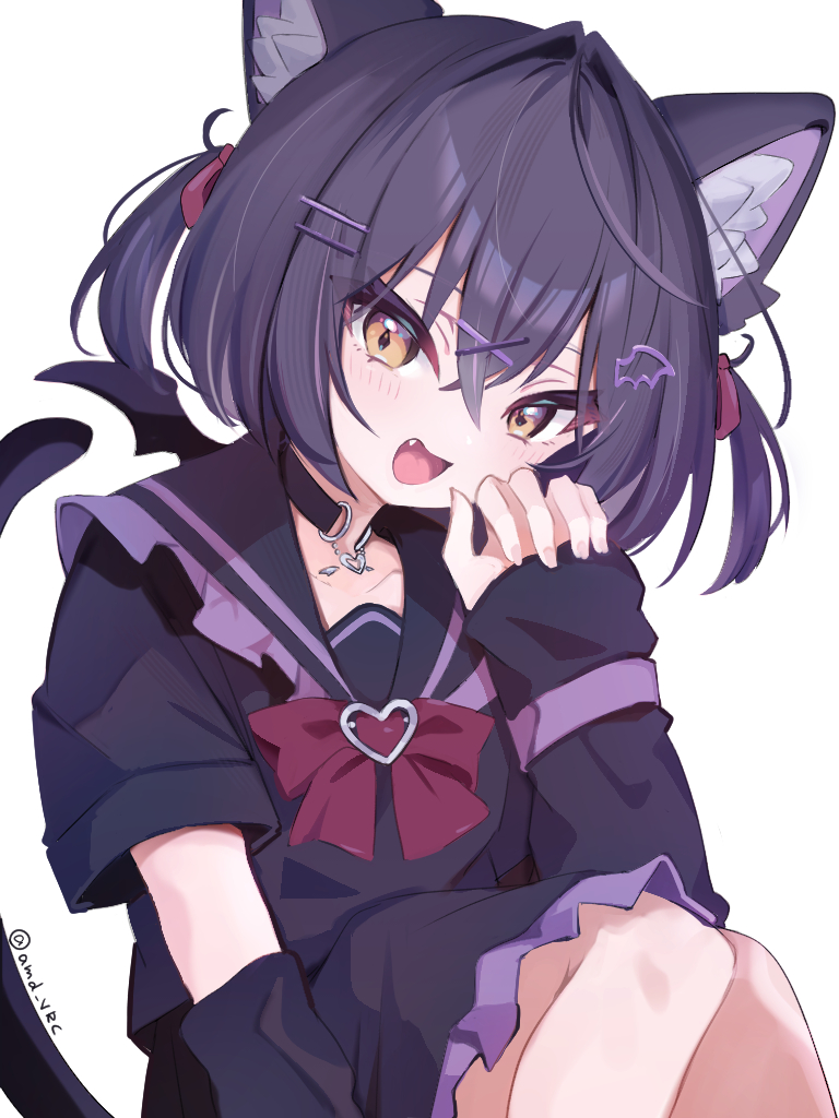 1girl :d amd_vrc animal_ear_fluff animal_ears arm_warmers bat_wings black_choker black_hair black_sailor_collar bow bowtie cat_ears cat_girl cat_tail chocolat_(vrchat) choker dress fang frilled_sailor_collar frills hair_ornament hairclip heart looking_at_viewer mini_wings open_mouth purple_sailor_collar red_bow red_bowtie ribbon sailor_collar short_hair short_sleeves simple_background sitting skirt smile solo tail twitter_username two_side_up vrchat white_background wings yellow_eyes