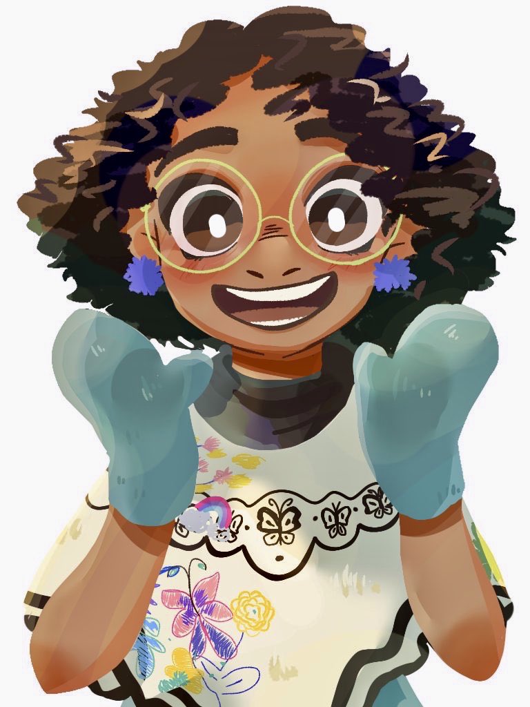 1girl aqua_skirt arepa brown_eyes brown_hair colombian_clothes curly_hair dark-skinned_female dark_skin earrings embroidery encanto glasses green-framed_eyewear hourglass_print jewelry mirabel_madrigal p_ino_2525 pom_pom_(clothes) pom_pom_earrings round_eyewear shirt short_hair simple_background skirt smile solo thick_eyebrows