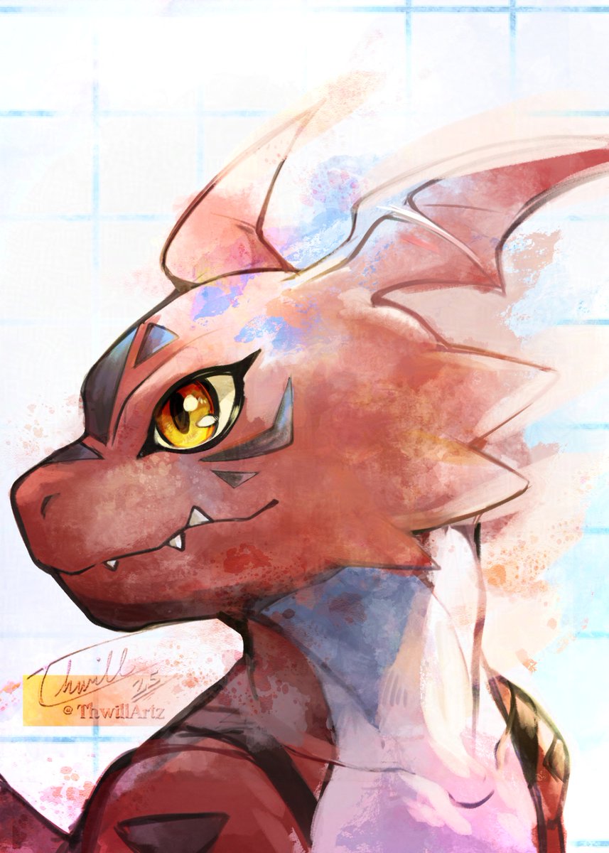 digimon digimon_(creature) dinosaur guilmon highres no_humans profile red_scales simple_background solo thwillartz upper_body white_background yellow_eyes