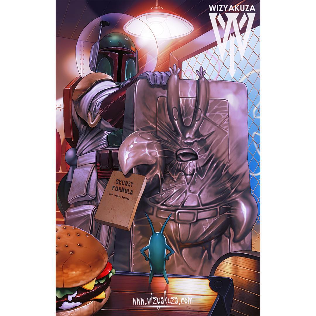 1boy artist_logo artist_name boba_fett burger commentary crossover english_commentary food gloves glowing grey_gloves helmet holding indoors letterboxed logo mandalorian_helmet mr._krabs petrification plankton_(spongebob) spacesuit spongebob_squarepants_(series) star_wars watermark web_address wizyakuza