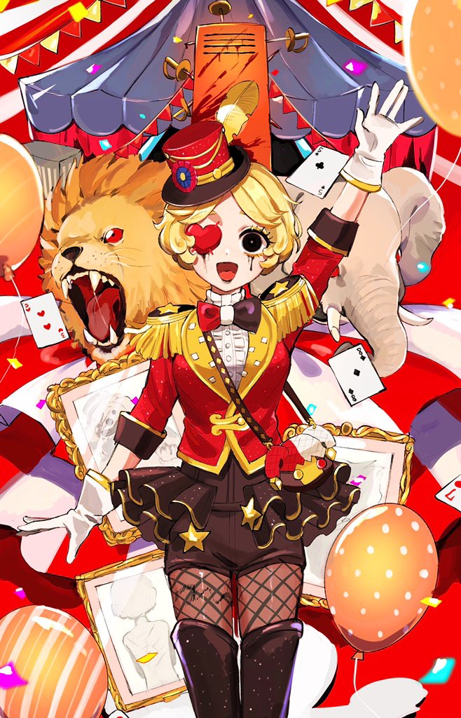 1girl :d arm_up bag balloon black_bow black_bowtie black_eyes black_lips blonde_hair blood bow bowtie bright_pupils card center_frills circus circus_tent curly_hair drawing_(object) elephant empty_eyes epaulettes fishnets frills gloves gold_trim hat hat_feather hoge_(n8sss) identity_v jacket joker_(identity_v) lion locker makeup margaretha_zelle margaretha_zelle_(animal_tamer) mini_hat mini_top_hat multicolored_bow multicolored_bowtie official_alternate_costume open_mouth pennant playing_card red_bow red_bowtie red_hat red_jacket runny_makeup scar scar_on_back shirt short_hair shorts smile solo star_(symbol) star_print sword top_hat weapon white_gloves white_pupils white_shirt