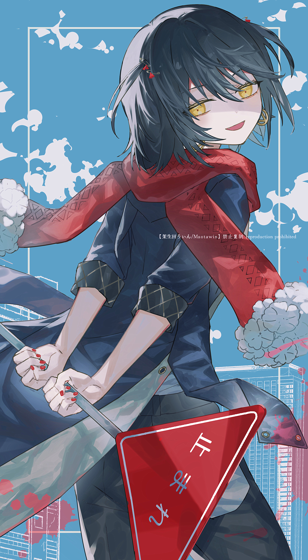1boy 3pel1 black_hair black_pants blue_coat coat commentary_request earrings fangs from_behind fur-trimmed_scarf fur_trim hair_between_eyes head_tilt highres holding holding_sign jewelry looking_at_viewer looking_back male_focus mashiro_meme mashiro_meme_(1st_costume) medium_hair nijisanji open_mouth pants red_nails red_scarf scarf shaded_face sign smile solo translation_request trap virtual_youtuber yellow_eyes