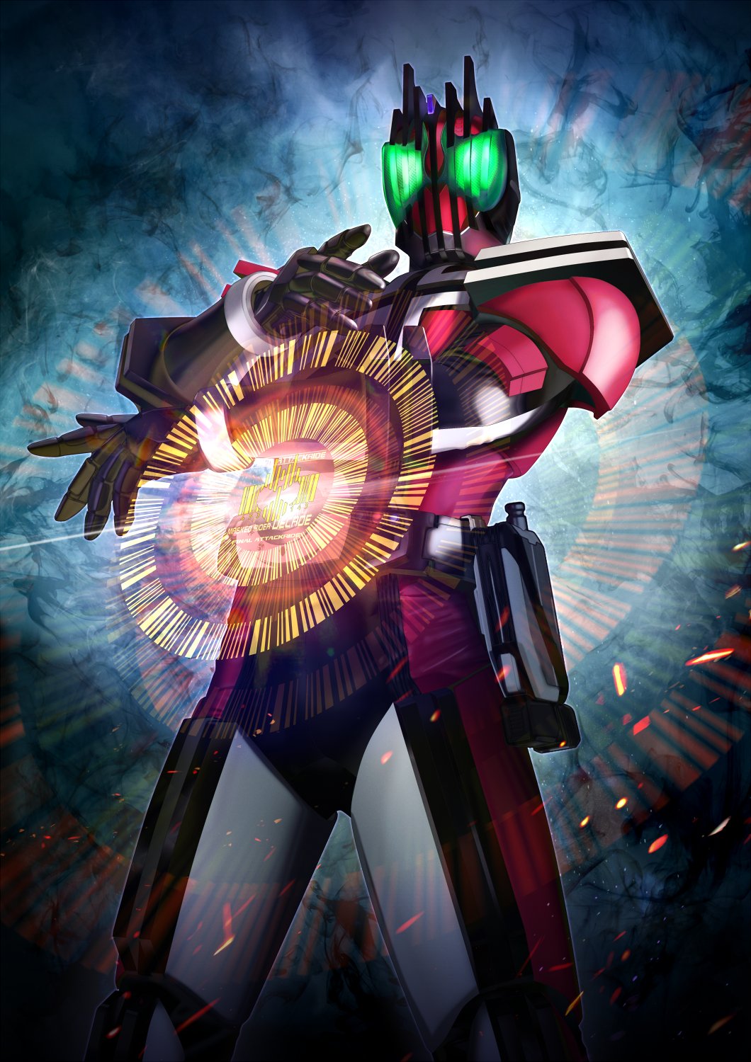 1boy armor barcode black_background blue_background compound_eyes cowboy_shot decadriver rider_belt finishing_move glowing glowing_eyes green_eyes highres kamen_rider kamen_rider_dcd kamen_rider_decade male_focus masukudo_(hamamoto_hikaru) pink_armor ride_booker rider_belt tokusatsu