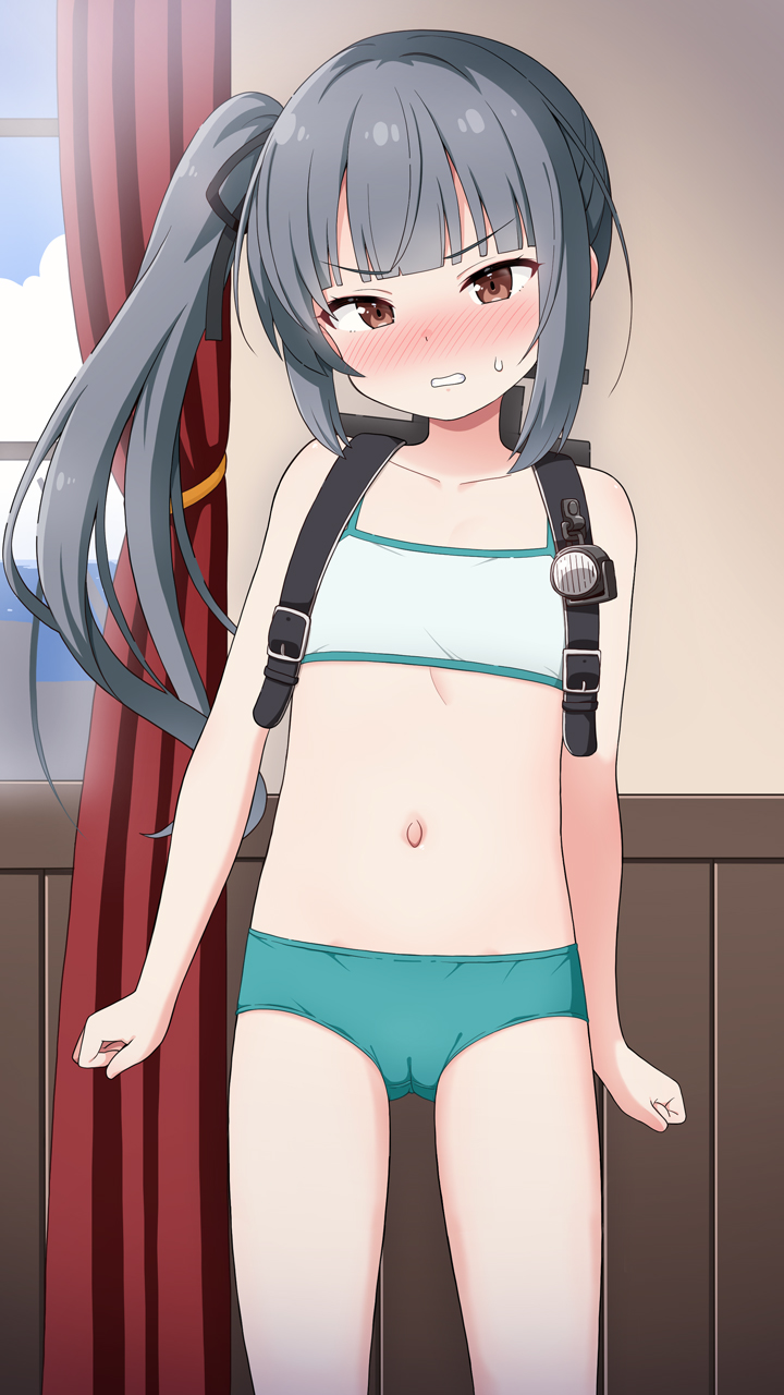 backpack bag black_ribbon blush brown_eyes buruma cameltoe camisole collarbone grey_hair gym_uniform hair_ribbon highres kantai_collection kasumi_(kancolle) kasumi_kai_ni_(kancolle) long_hair navel ribbon side_ponytail stomach suspenders yuuma_(skirthike)