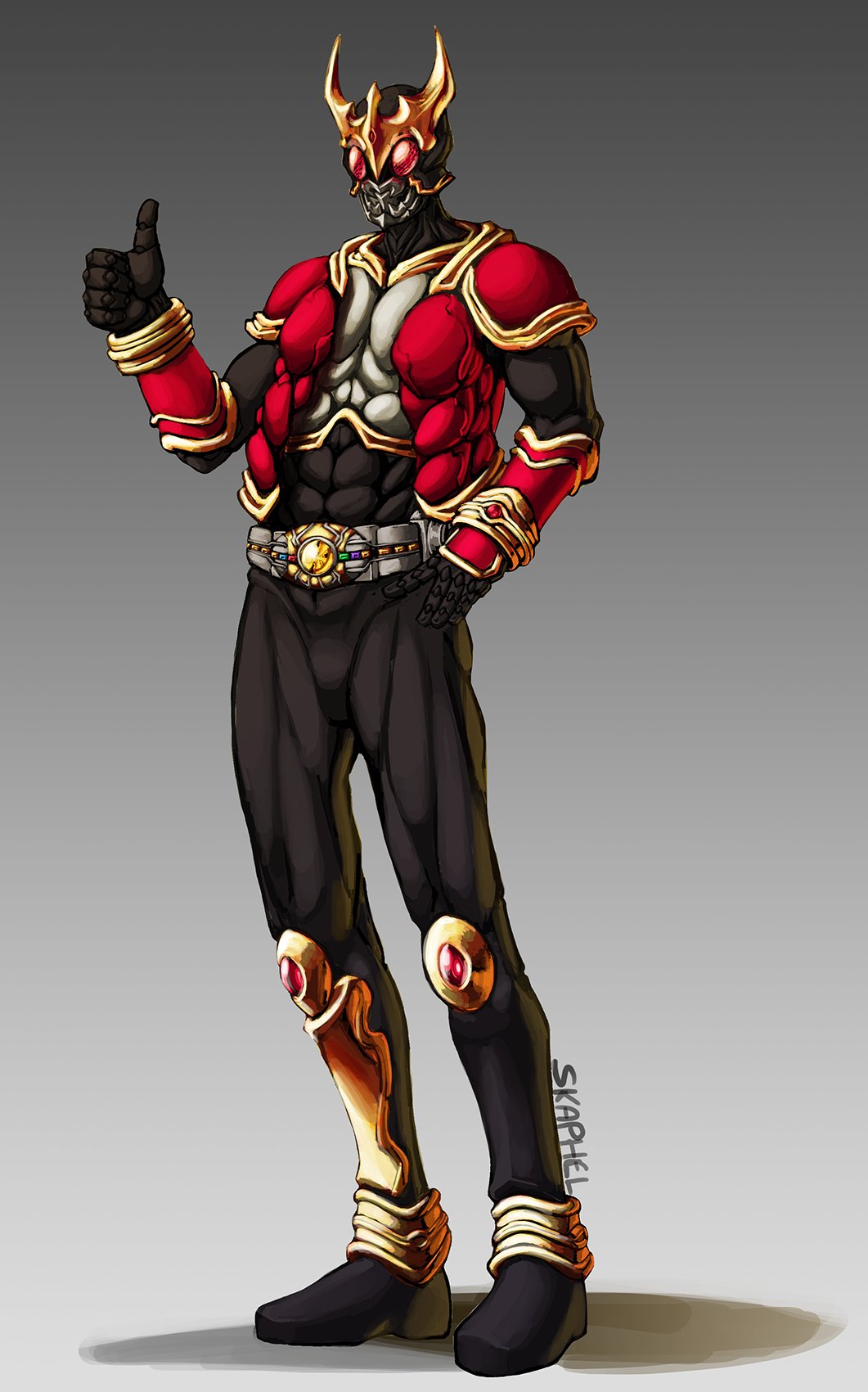 1boy abs arcle_(kuuga) armor artist_name black_footwear black_gloves gloves gold_horns gold_trim highres kamen_rider kamen_rider_kuuga kamen_rider_kuuga_(rising_mighty_form) kamen_rider_kuuga_(series) leg_armor male_focus muscular muscular_male red_armor rider_belt shoulder_armor skaphel stag_beetle thumbs_up tokusatsu