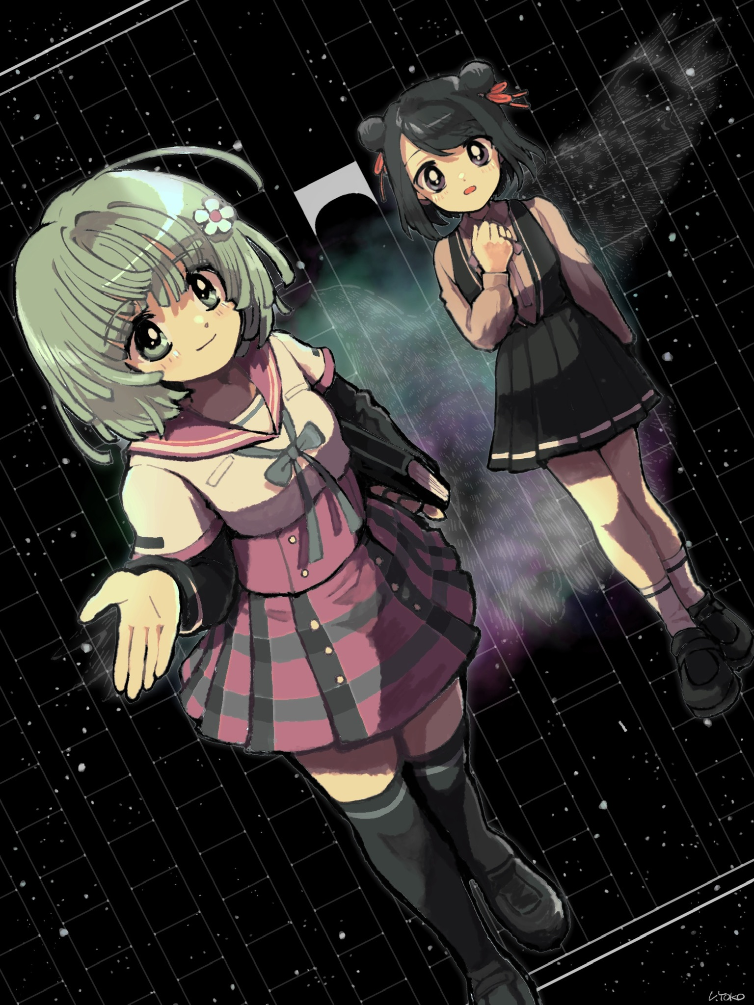 2girls ankle_socks aqua_ribbon arm_at_side black_dress black_footwear black_hair black_sleeves black_thighhighs blush breast_pocket buttons clenched_hand collared_shirt dress flower full_body green_eyes green_hair hair_bun hair_flower hair_ornament hand_on_own_chest highres kamihama_university_affiliated_school_uniform kuroe_(madoka_magica) layered_sleeves long_sleeves magia_record:_mahou_shoujo_madoka_magica_gaiden mahou_shoujo_madoka_magica miniskirt multiple_girls natsume_kako neck_ribbon plaid_clothes plaid_skirt pleated_dress pleated_skirt pocket purple_eyes purple_ribbon reaching reaching_towards_viewer red_ribbon red_sailor_collar red_skirt retro_artstyle ribbon sailor_collar school_uniform second-party_source serafuku shirt short_dress short_hair short_over_long_sleeves short_sleeves side_up_bun signature skirt sky smile socks star_(sky) starry_sky swept_bangs textless_version thighhighs uwded_207 white_flower white_shirt white_socks