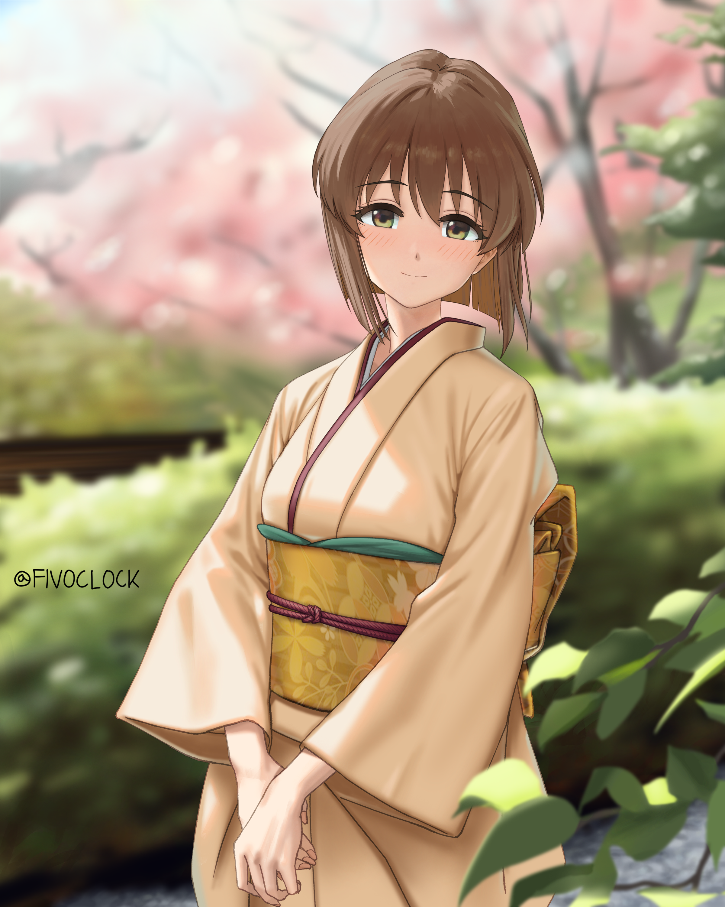 1girl absurdres blunt_bangs blurry blurry_background blush brown_hair commentary_request fivoclock hagiwara_yukiho highres idolmaster idolmaster_(classic) idolmaster_million_live! japanese_clothes kimono light_blush looking_at_viewer obi own_hands_together sash short_hair solo twitter_username yellow_kimono