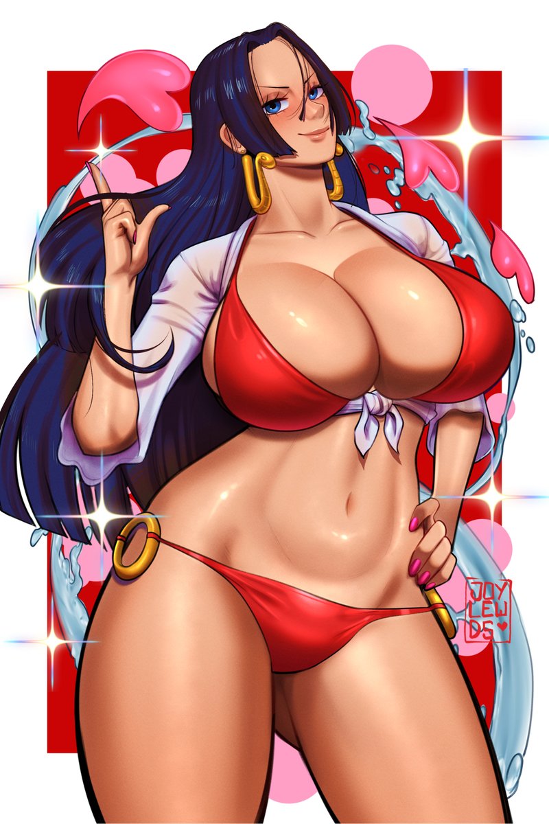 1girl bikini blue_eyes boa_hancock breasts cleavage earrings female_focus gluteal_fold heart highres huge_breasts jewelry joylewds long_hair looking_at_viewer nail_polish navel one_piece solo swimsuit thick_thighs thighs