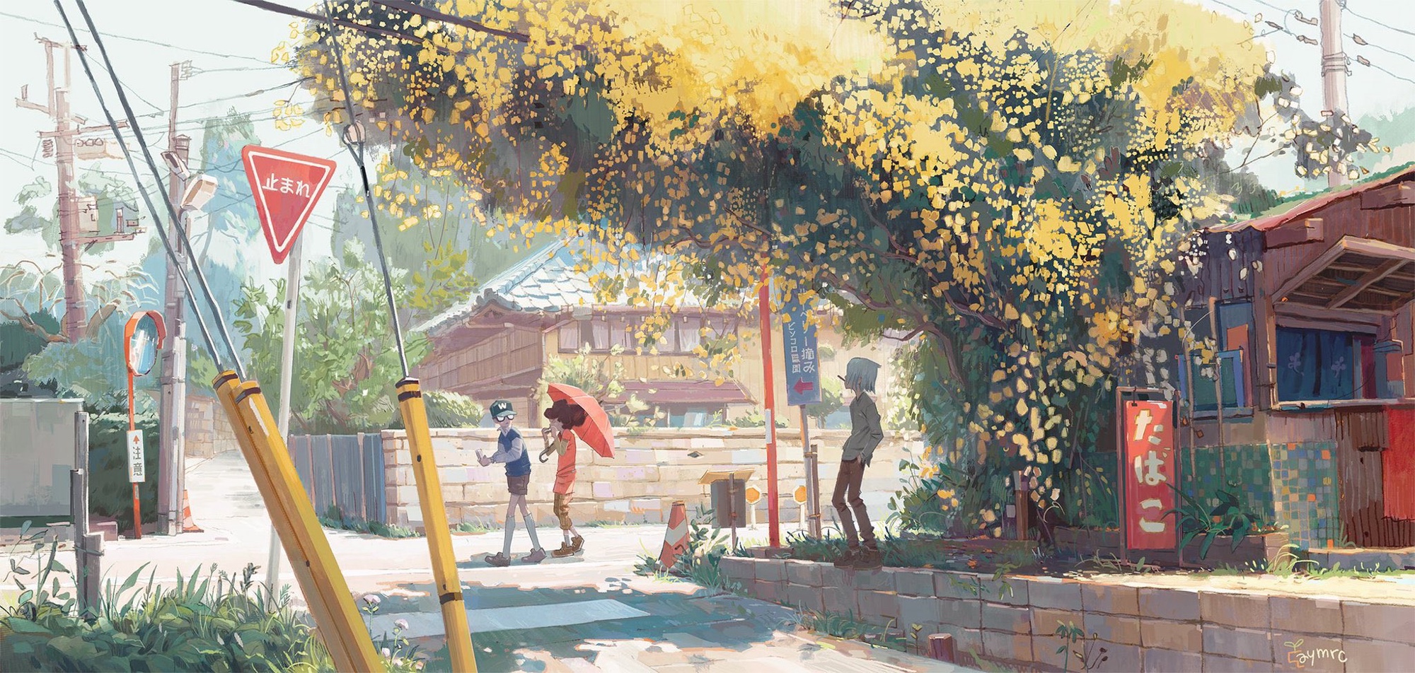 1girl 2boys artist_logo aymeric_kevin blue_vest brown_hair brown_pants brown_shoes brown_shorts building bush can cityscape closed_eyes commentary dappled_sunlight day drink_can eating fence flower foliage food glasses grass green_hat grey_shirt grey_shoes grey_shorts hands_in_pockets hat highres holding holding_can holding_food holding_umbrella logo looking_at_another medium_hair multiple_boys opaque_glasses original outdoors pants pink_skirt pink_umbrella power_lines retaining_wall road_sign shirt shoes short_hair shorts sign skirt sky smoking socks soda_can standing sunlight tile_roof town traffic_cone traffic_mirror transformer tree umbrella utility_pole vest walking weeds white_hair white_shirt white_sky white_socks window wooden_fence yellow_flower