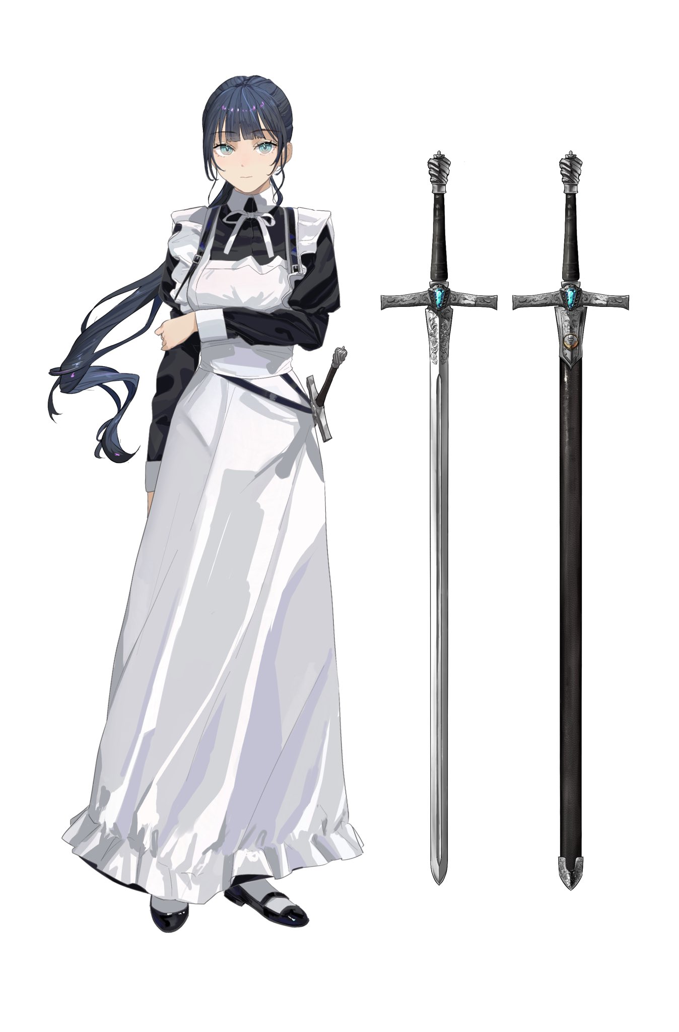 1girl apron black_dress black_hair black_ribbon black_shoes blue_eyes blue_hair blush breasts closed_mouth collared_dress cross dress frills full_body gloves headdress high_heels highres holding holding_weapon long_dress long_hair long_sleeves looking_at_viewer maid maid_apron maid_headdress neck_ribbon original ponytail puffy_sleeves ribbon sawatani_(_swt2) sheath sheathed shoes simple_background smile solo standing sword weapon white_apron white_background