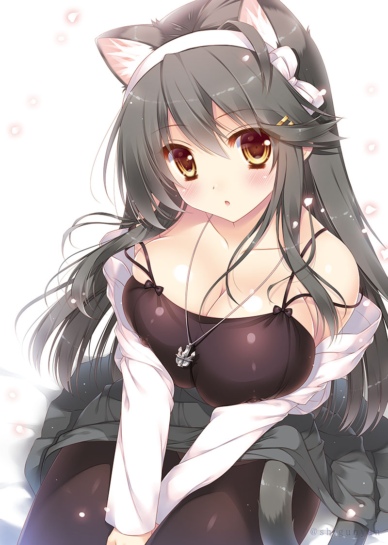 1girl anchor_necklace animal_ears bare_shoulders between_legs black_shirt blush breasts brown_eyes cat_ears cherry_blossoms cleavage collarbone grey_hair grey_skirt hair_between_eyes hair_ornament hairband hairclip hand_between_legs haruna_(kancolle) haruna_(mitsukoshi)_(kancolle) jacket jewelry kantai_collection kemonomimi_mode large_breasts long_hair long_sleeves necklace official_alternate_costume open_mouth pantyhose shigunyan shirt simple_background sitting skindentation skirt solo white_background white_hairband white_jacket