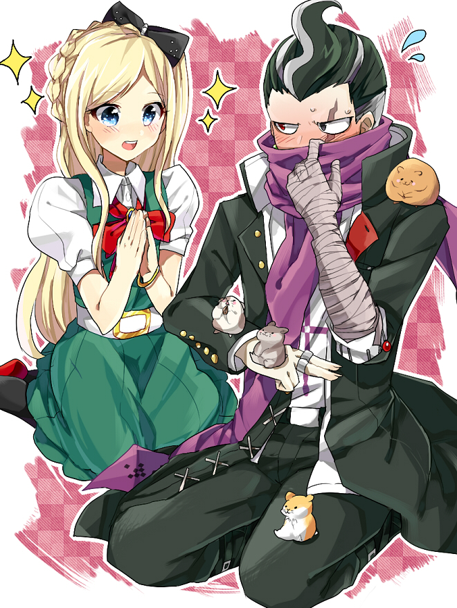 10s 1boy 1girl bandages black_hair blonde_hair blue_eyes blush bow braid checkered_background chuunibyou danganronpa_(series) danganronpa_2:_goodbye_despair dress hair_bow hamster heterochromia jacket long_hair multicolored_hair open_mouth scar scarf scarf_over_mouth seiza short_hair sitting sonia_nevermind suurin_(ksyaro) tanaka_gundham tanaka_gundam thighhighs
