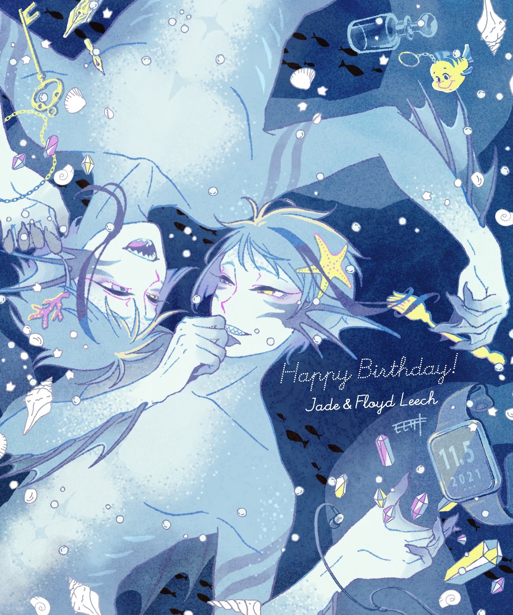 2boys blue_skin brothers collarbone colored_skin crystal eel_boy fins flounder_(the_little_mermaid) floyd_leech fork head_fins highres holding holding_fork jade_leech male_focus momosaki_hiromu multicolored_hair multiple_boys pen sharp_teeth siblings streaked_hair teeth the_little_mermaid_(disney) twins twirling_hair twisted_wonderland webbed_hands
